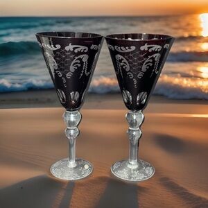 Silvestri Set Of 2 Crystal Ruby Red Cut To Clear Wine Glasses VTG Etched Window